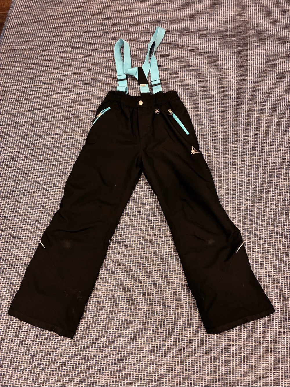 Kids Black Snow Overalls with Light Blue Adjustable Suspenders